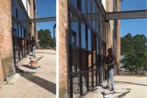 Glass shopfront installation in progress by 3MC Services team, Durban