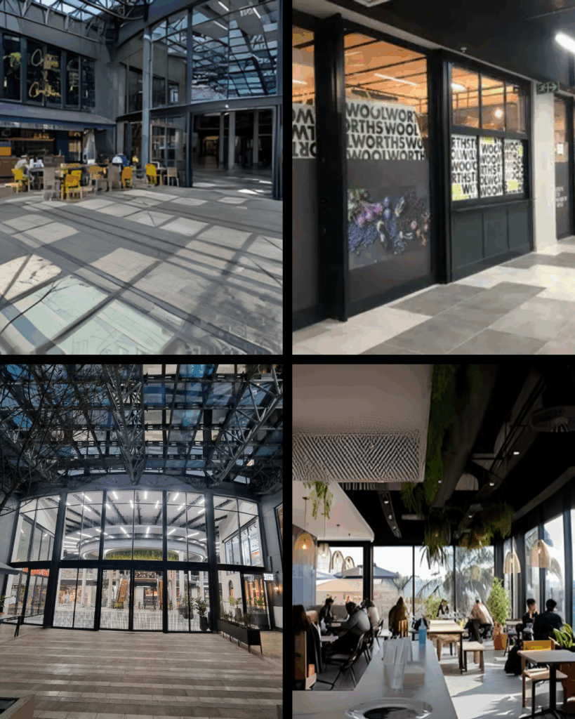Collage of commercial shopfront and glass entrance installations by 3MC Services KZN including Woolworths and shopping mall projects