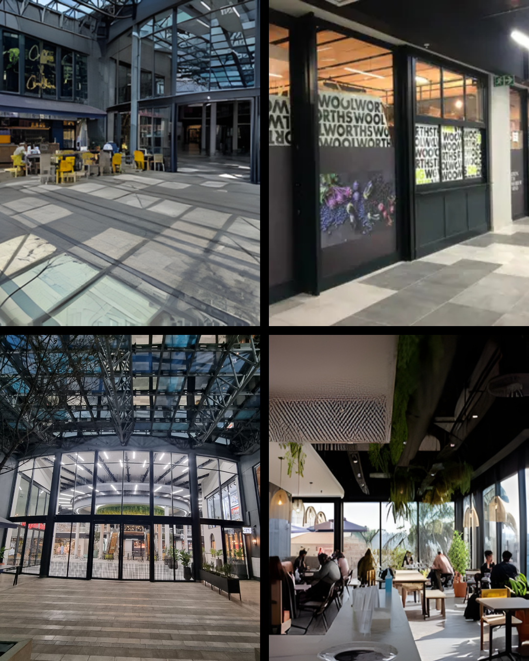 Collage of commercial shopfront and glass entrance installations by 3MC Services KZN including Woolworths and shopping mall projects