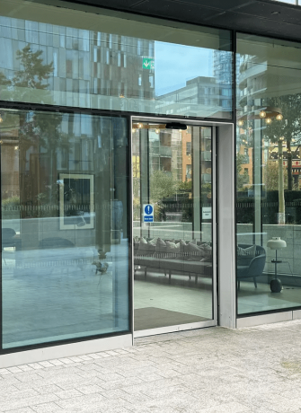 Automatic sliding door installed at commercial building entrance by 3MC Services Durban